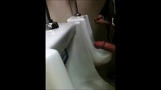 two slim dicks getting wanked at the urinals