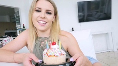 Sexy blonde teen blowjob and gangbanged then creampied