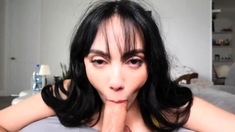 Big tit brunette sucks a big cock blowjob POV