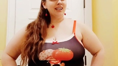 Busty curly brunette with big boobs fucks on couch